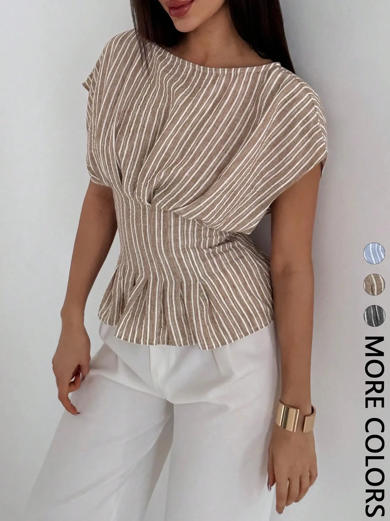 Women's Vertical Striped Ruffle Hem Shirt, Boat Neck Batwing Short Sleeve Waist Cinch Ruffle Blouse, Front Pleated Wide Leg Casual Top
