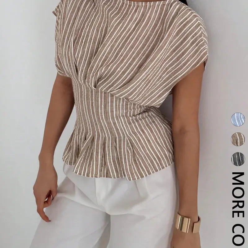 Women's Striped Peplum Hem Blouse, Boat Neck Batwing Sleeve Top, Casual Waist-Cinched Top, Shirts