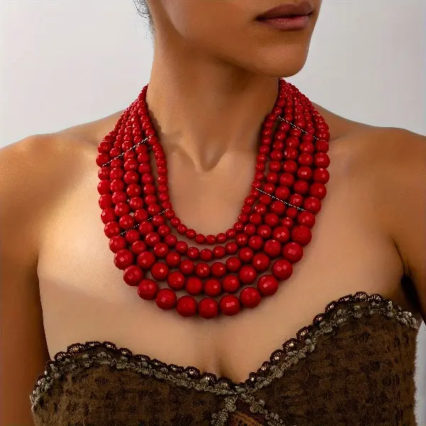 A Bohemian-style red, passionate, exaggerated, high-end multi-bead layered necklace for women, suitable for everyday wear and for attending parties.