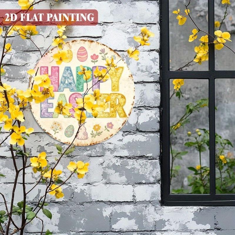 2D Round Iron Sign for Easter, Featuring 'Happy Easter' Design,Decorative Piece Is for Both Indoor and Outdoor Use, Making It Ideal for Homes, Restaurants, Cafes, Garages