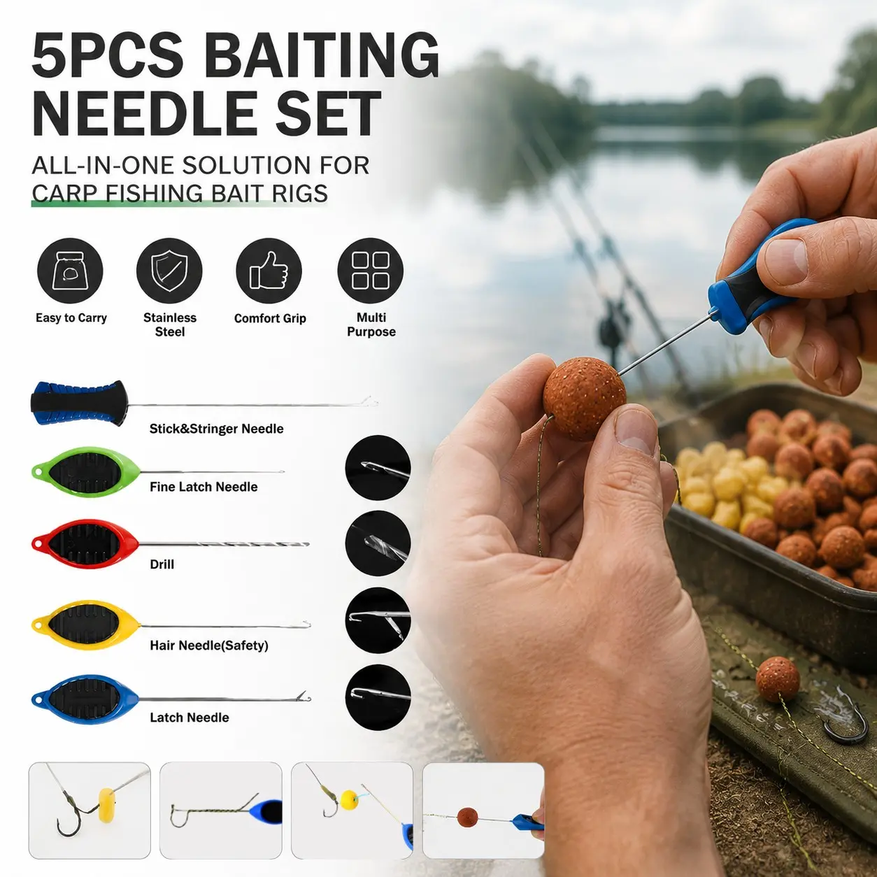 5Pcs Carp Fishing Baiting Needle Kit Multi Function Boilie Drill Threader Rig Making Tools Non Slip Handle Stainless Steel Tackle Accessories