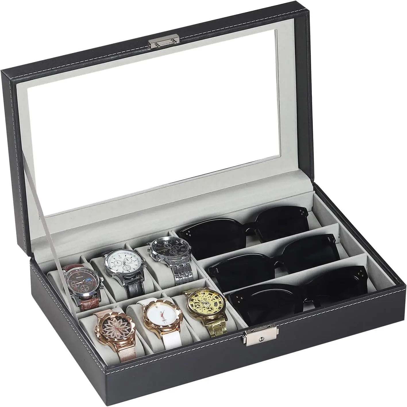 Leather 6 Watch & 3 Eyeglasses Sunglasses Storage Box,Black,AW-004 | Jewelry Display Case Organizer,Glass Top,Mens Women