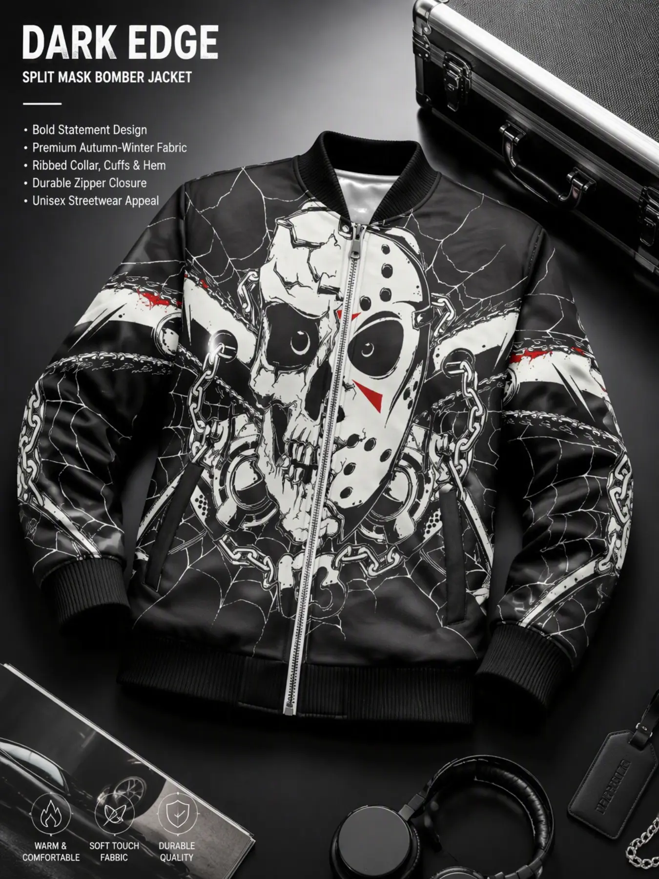 Men's Skull Jason Hockey Mask Full Zip Bomber Jacket, Vintage Chainsaw Spider Web Print, Gothic Streetwear Fall Winter Coat