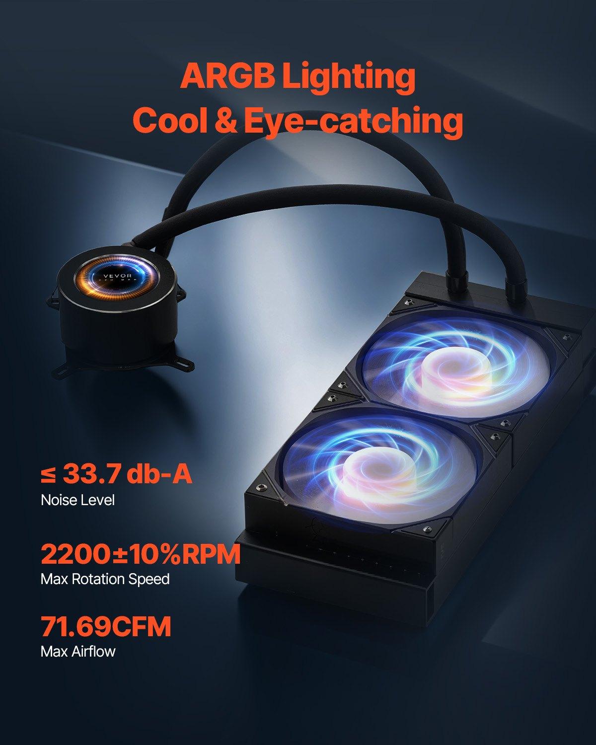 VEVOR CPU Liquid Cooler, AIO CPU Water Cooler - 120mm PWN Fans & Pump, Customizable Black PC Liquid Cooler with 2.1'' LCD Display & ARGB light, for Intel 115X/1366/2011/1700/1200, AMD AM4/AM5