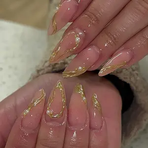 24pcs Long Almond Fake Nails, Glitter Tips, Pearl Accents, Plain Surface, Wedding Photography Nails, 24 Pieces Set