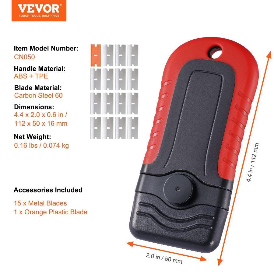 VEVOR Razor Blade Scraper, 15 Extra Blades, Locking Scraper Tool with Cap, Carbon Steel and POM Blades, for Cleaning Labels, Stickers, Decals, Paint from Glass Window Stovetop Cooktop Oven