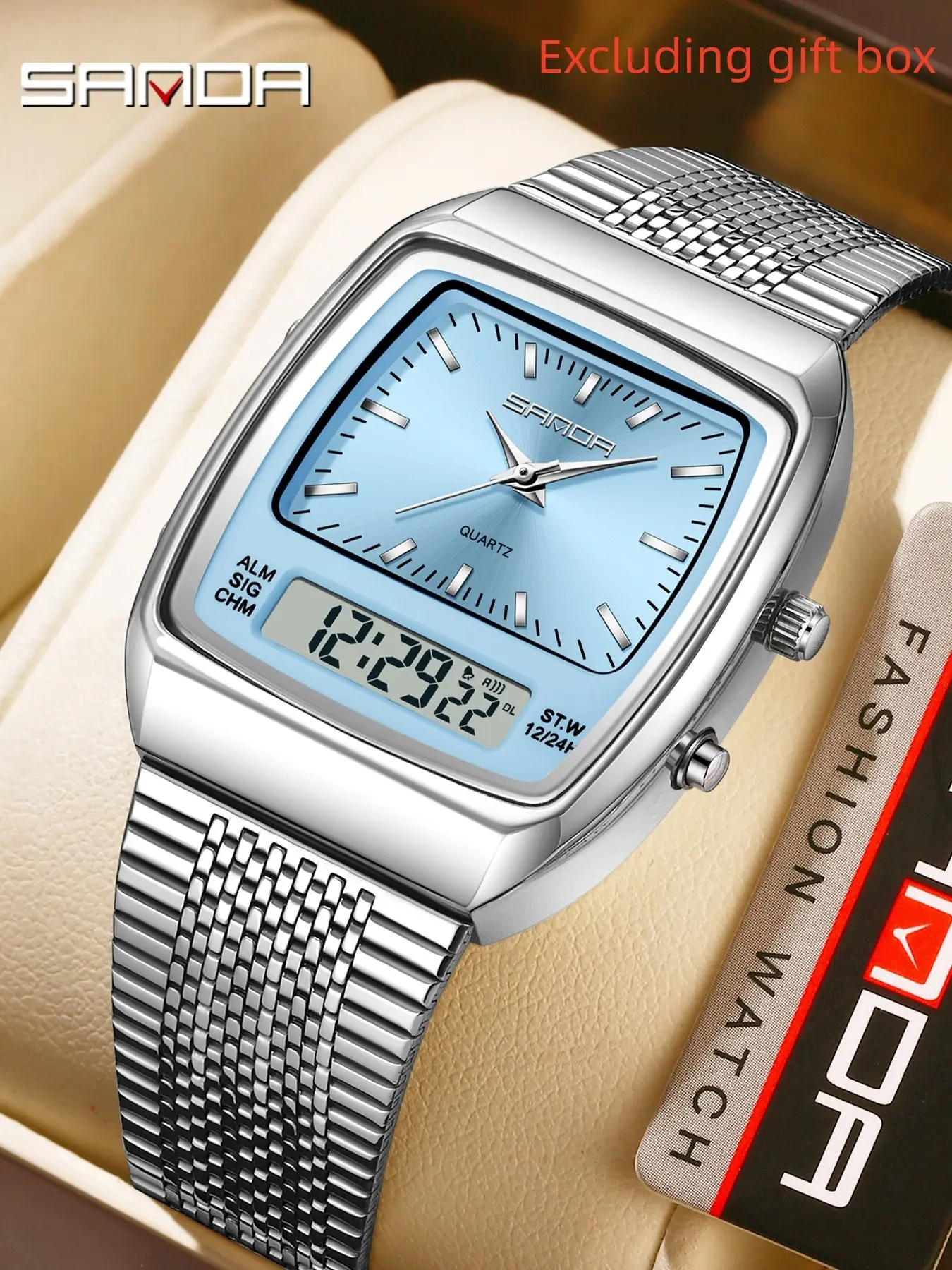 Sanda Classic Steel Strip Electronic Watch Multi functional Waterproof Wristwatch Student Party Watch Wine Bucket Three time Alarm Clock Watch Stainless Steel Watches Waterproof Multifunctional Watch