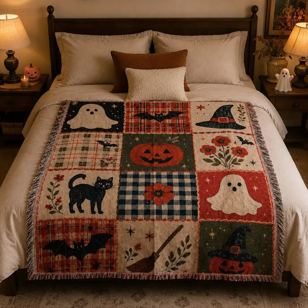 Multi-Function Tassel Woven Blanket Halloween Grid Pattern Bed Blanket, Cozy Throw Blankets, Also for Sofa Cover Couch Throw Armchair Home Decor Tablecloth Outdoor Picnic Camping Beach Towel