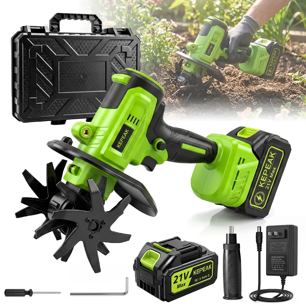 Cordless Tiller Cultivator for Gardening, 330 RPM Electric Rototiller Cordless Cultivator Handheld, 10-Cell Lithium Micro Tiller 1300mAh Battery & Charger, Garden Rototiller for Lawn Gardening Soil Cultivation