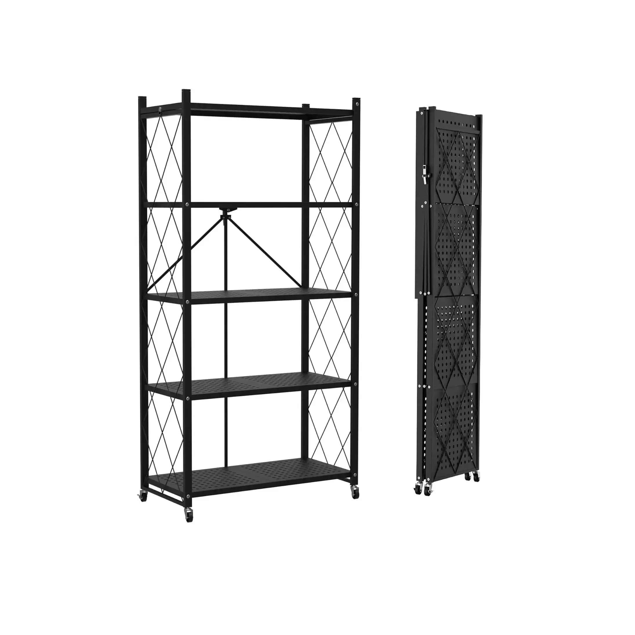 Home Metal Foldable Storage Shelf Rack - Collapsible Shelving Display, Lightweight & Waterproof, Black, Durable, Versatile for Kitchen & Pantry Use, Modern Shoe Organizer, 360-Degree Mobility, 90 lbs Capacity