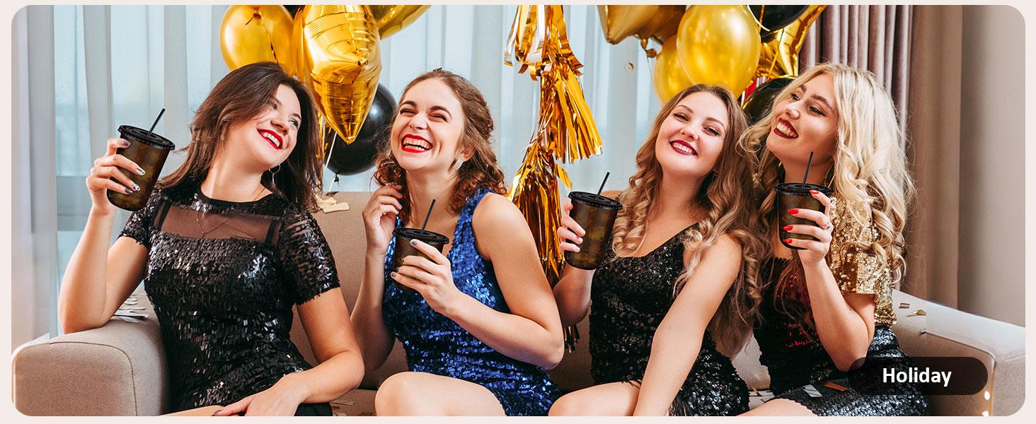 100 Set 16oz Plastic Cups with Lids and Straws, Disposable Black Clear Iced Coffee Cup with Lid, Round Bottom Plastic To Go Cups for Cold Drinks Slushie Smoothie Soda Bar Party Shop Supplies