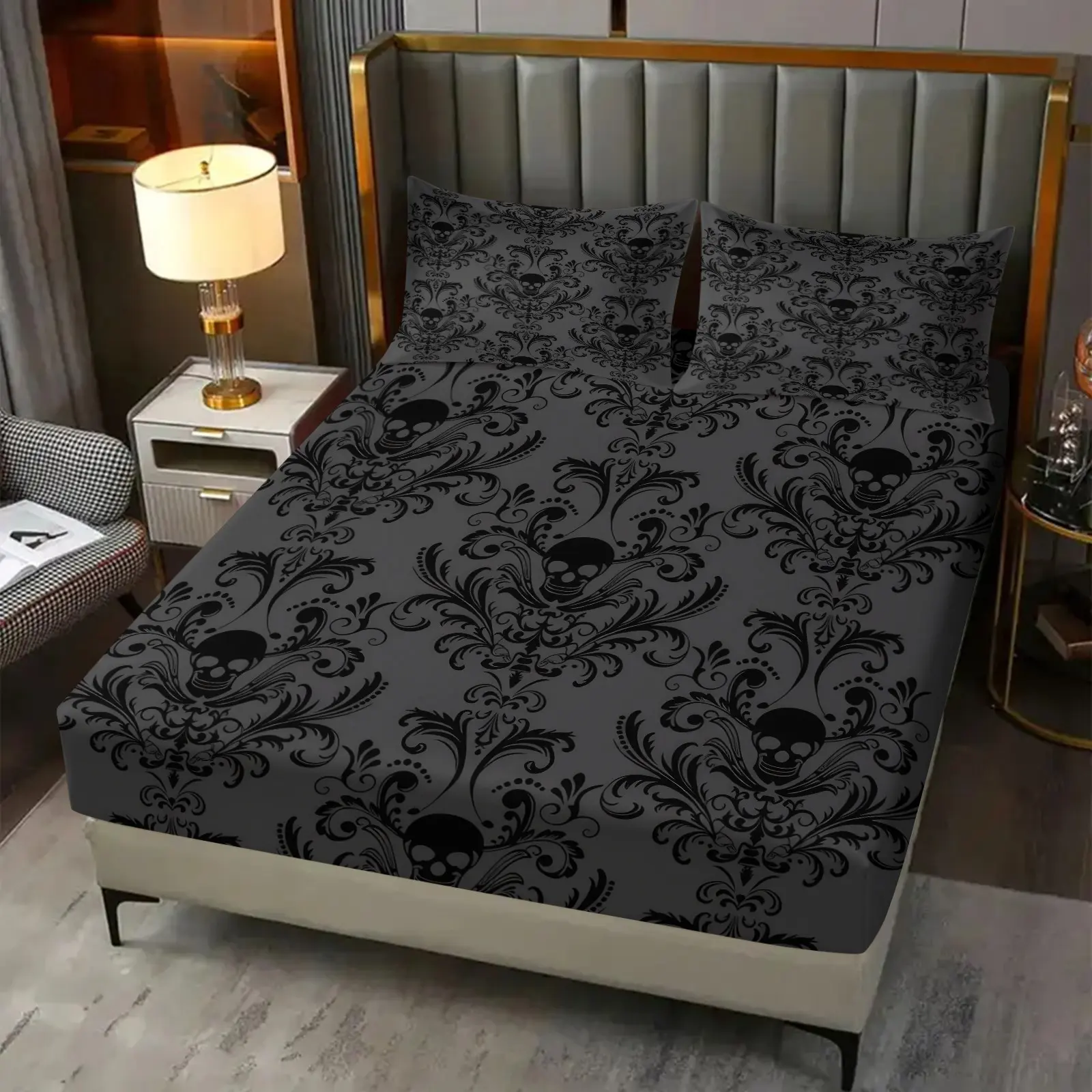 3PCS Subtle Baroque Scroll Skull Dark Grey Fitted Sheet Set (1 Fitted Sheet + 2 Pillowcases, No Pillows Included),Soft Breathable Skin-Friendly Fabric,Deep Pocket Anti-Slip Design,HD Digital Print,Muted Dark Gothic All Season Bedding