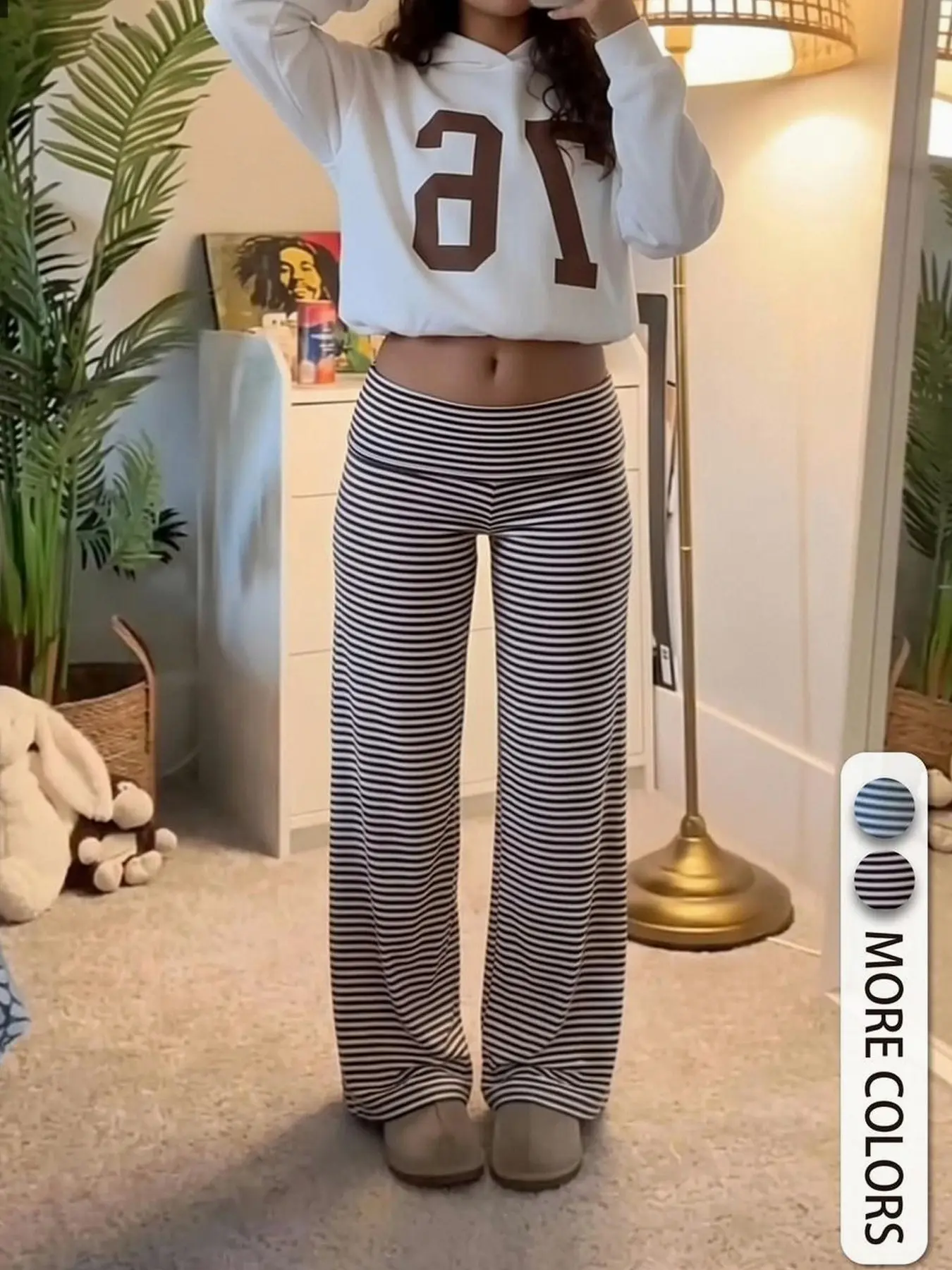 Women Striped Fold Over Waist Wide Leg Flare Pants, Soft Stretchy Knit Casual Low Rise Bootcut Trousers Elastic Waist Flowy Loose Loungewear Pants, Home Daily Street Wear Y2K Coquette Fall Casual Bottoms Autumn Outfits #BackToSchool #StripedFlarePants