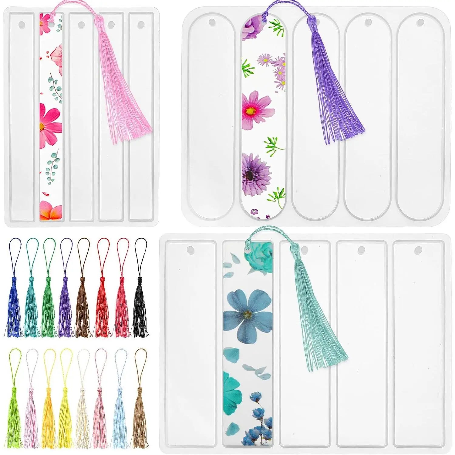 Set of 3  Bookmark Mold,  Molds for , 16 Colors Tassels for Bookmarks, Resins Mold with Tassels, Small Medium Rectangle Bookmark Making Kit for DIY Crafts,