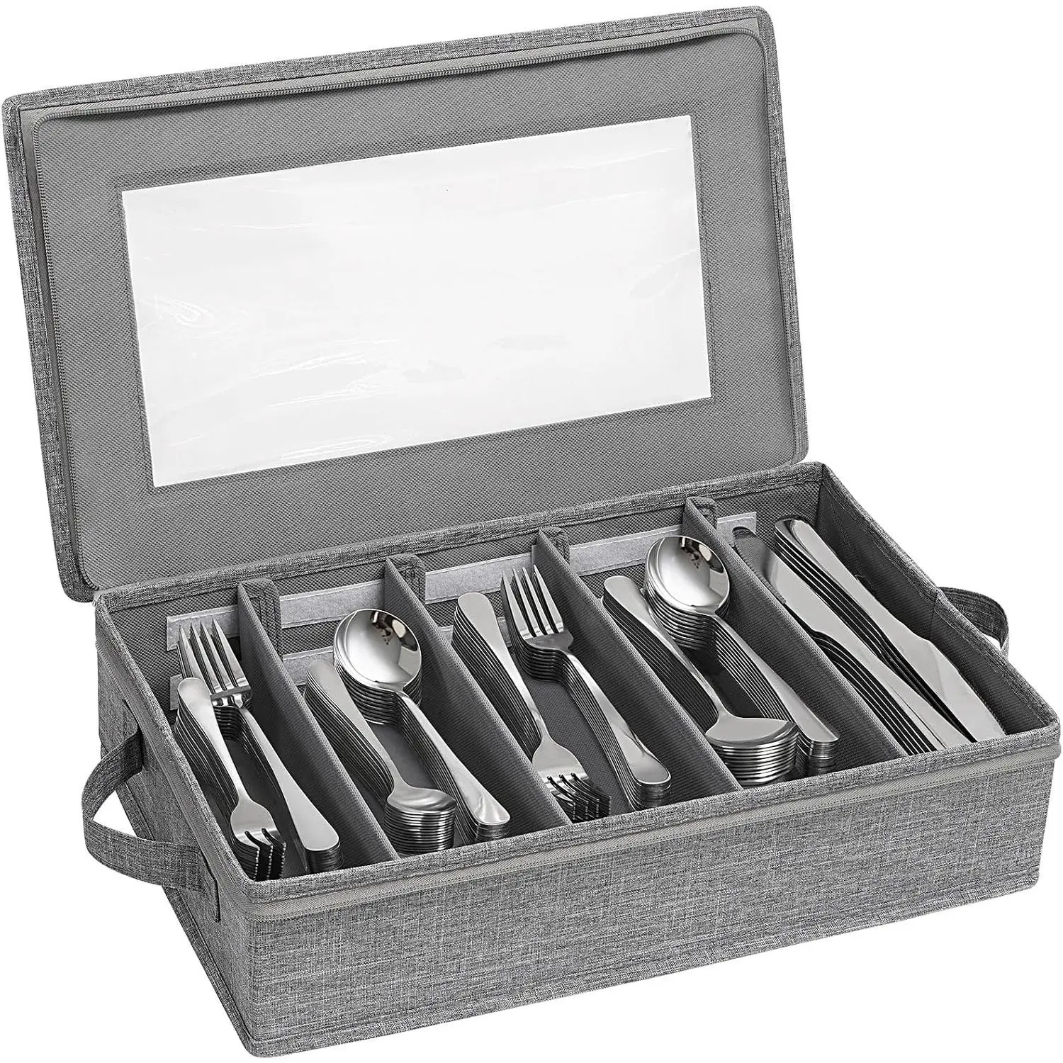 Silverware Storage Box, Covered Flatware Organizer with Zipper Lid, 5 Compartment Cutlery Case with Adjustable Divider and Handle, Utensil Container for Spoon Fork , 1 Pack