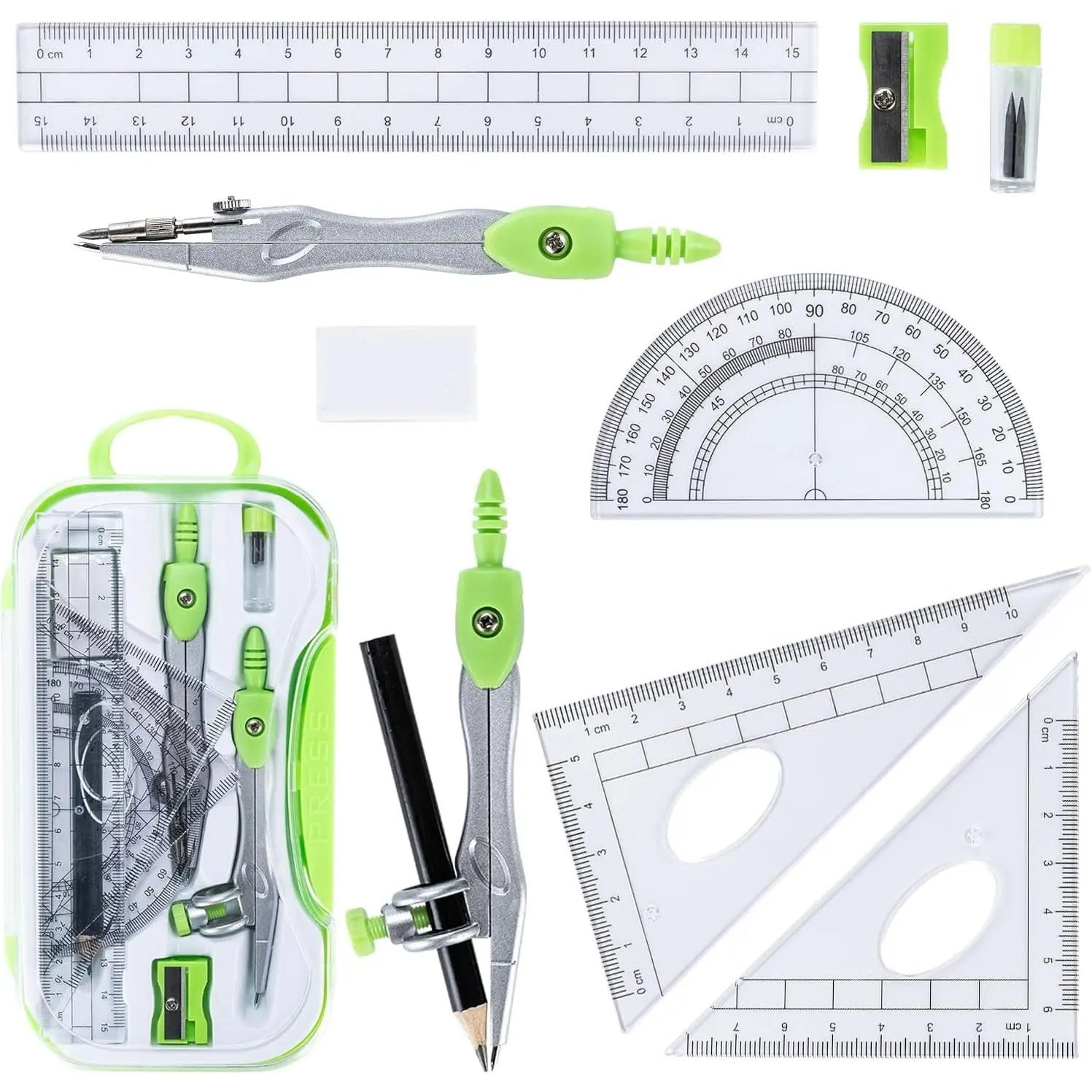 10-Piece School Math Geometry Kit Boxed Pack with Shatterproof Storage Box, Student Supplies Includes Rectangular Ruler, Protractor, Compass, Pencil, Pencil Sharpener, Lead Refills, Eraser for School Math Drawing, Includes Pencil