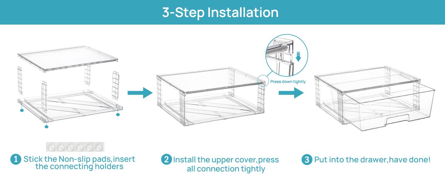 THE WELL KEPT 2 Pack Large Stackable Storage Drawers,Easily Assemble Clear Acrylic Bathroom Closet Undersink Organizers,Plastic Storage Bins for Cabinet,Kitchen Pantry Insert Silicone