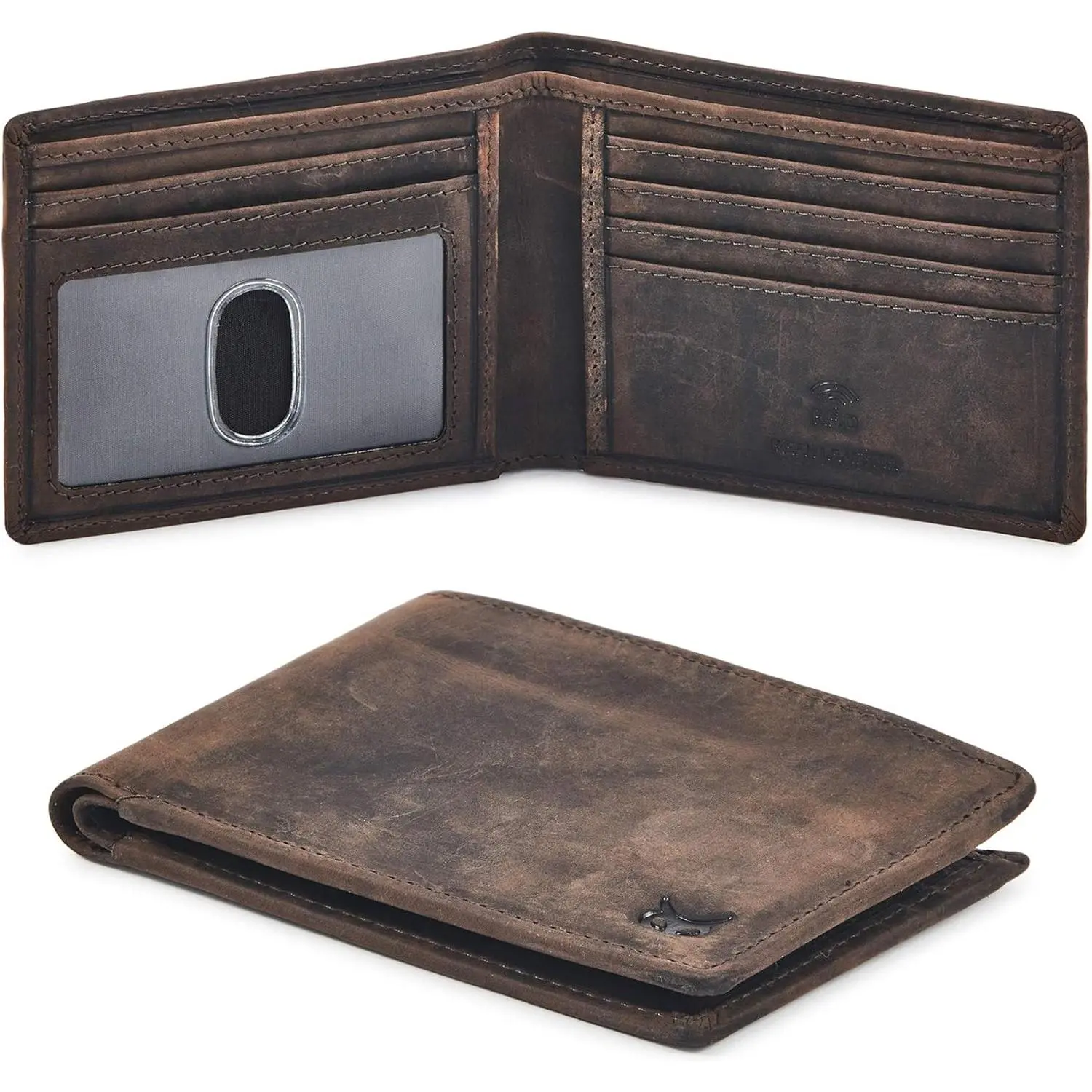 Real Leather Mens Bifold Wallet RFID Blocking Slim Minimalist Front Pocket - Thin & Stylish with ID Window in  Box (Crazy Horse, Coffee)