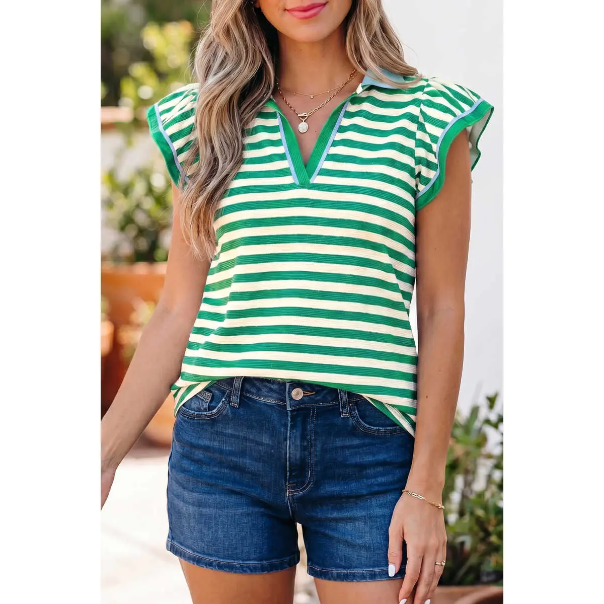 Women's Green Striped Polo Blouse, Casual Sporty V-Neck Top with Ruffled Flutter Short Sleeves and Contrast Pink Trim, Shortsleeve, Cute, Fit