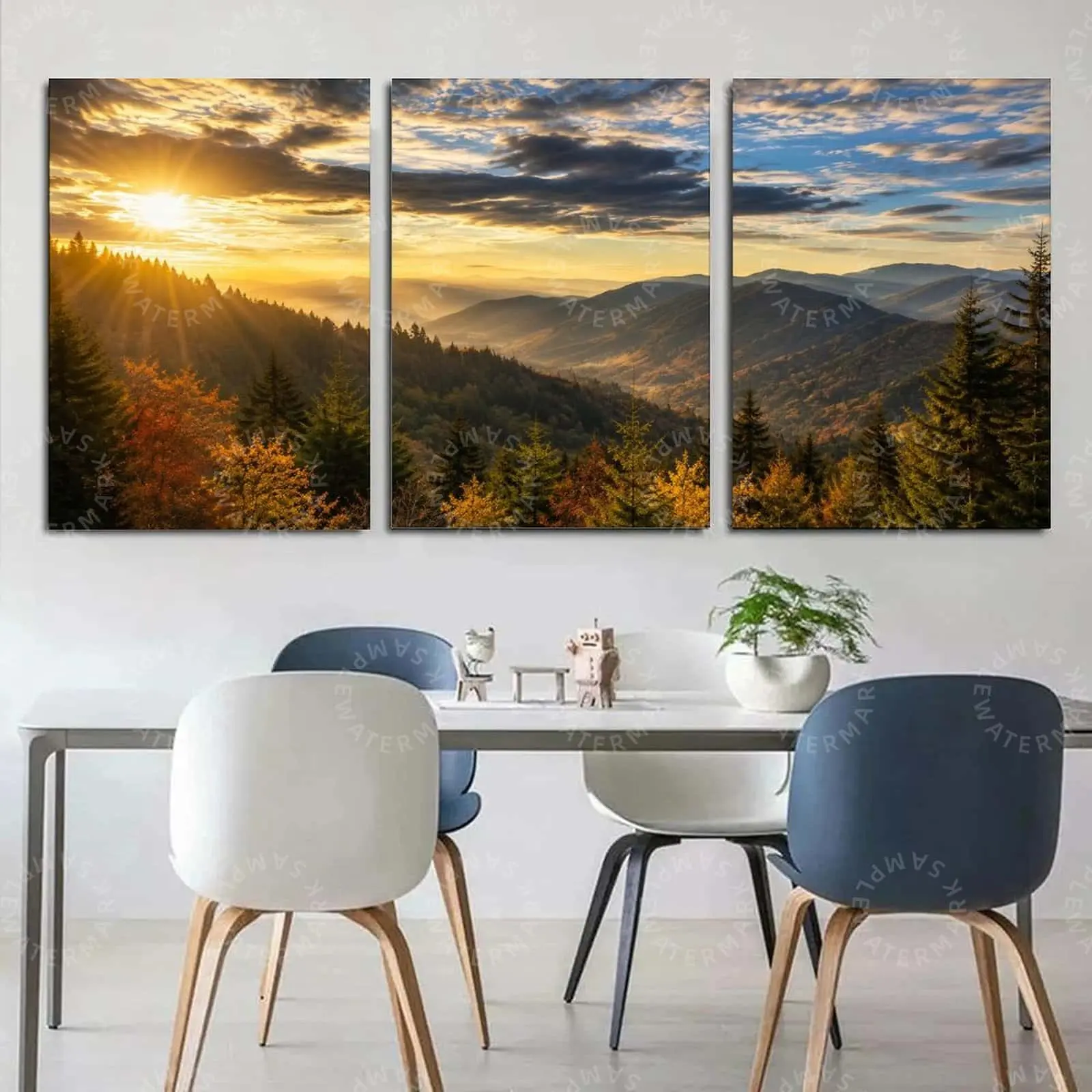 Mountain Sunset Triptych Canvas Wall Art, Forest Landscape Poster with Golden Light, Nature Scenery Artwork, Rustic Cabin Decor, Aesthetic Wall Art for Living Room Bedroom Office, Modern Farmhouse Home Decoration, Outdoor Lover Gift
