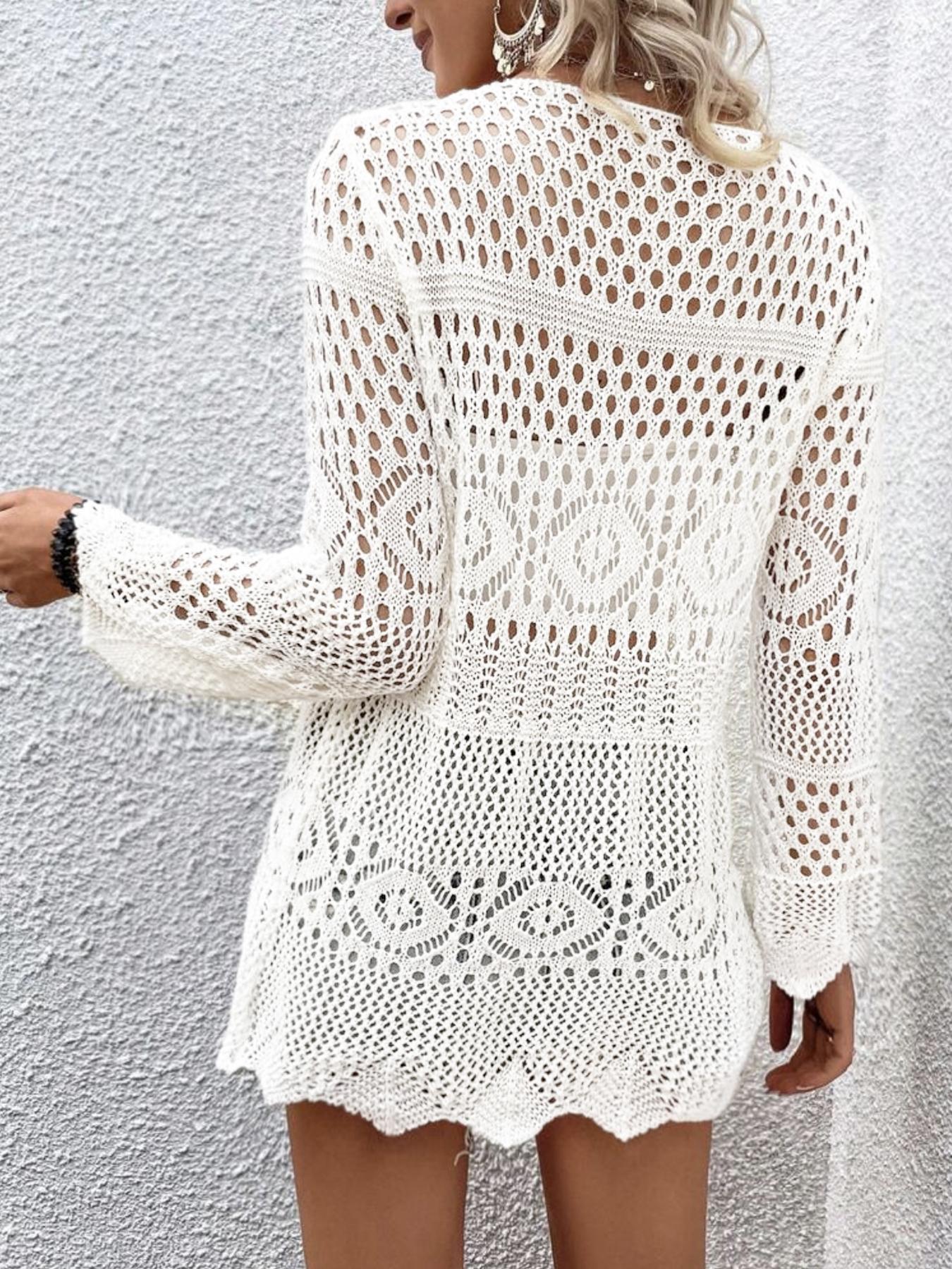 Women's Solid Color Hollow Out Tie Front Crochet Cardigan, Casual Long Sleeve Knitwear for Summer, Fashion Women's Knit Clothing for Daily Wear, Knitting