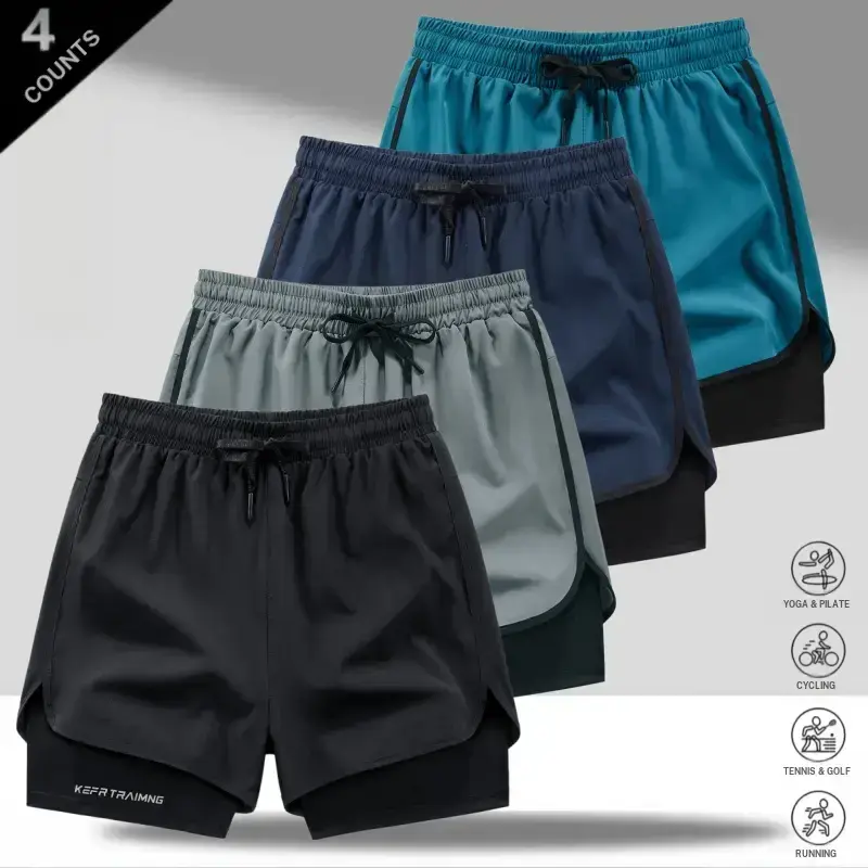 Men's 4 Pack Double Layer Design Sports Shorts, featuring a loose outer layer paired with a snug lining, breathable and quick dry for running, workouts, and everyday casual wear