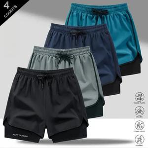 Men's 4 Pack Double Layer Design Sports Shorts, featuring a loose outer layer paired with a snug lining, breathable and quick dry for running, workouts, and everyday casual wear fathersdaygift
