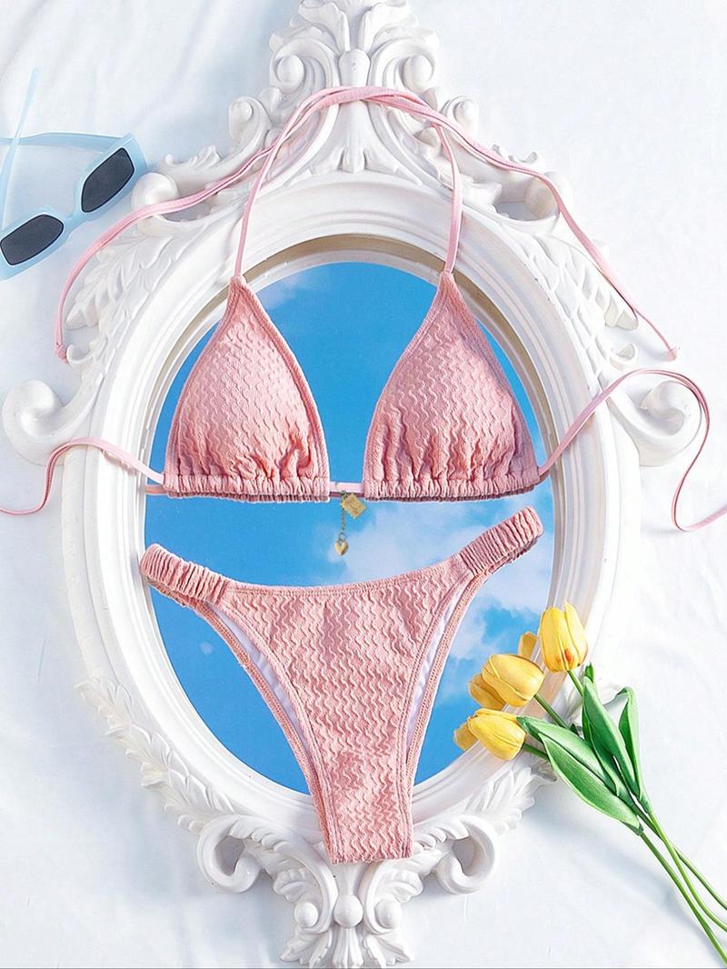 Two-Piece Set Women's Textured Bikini Set, Halter Triangle Swim Top & High Cut Two Piece Swimsuit, Ladies Summer Swimwear, Beach Bikini Set, Adjustable Strap Bikini