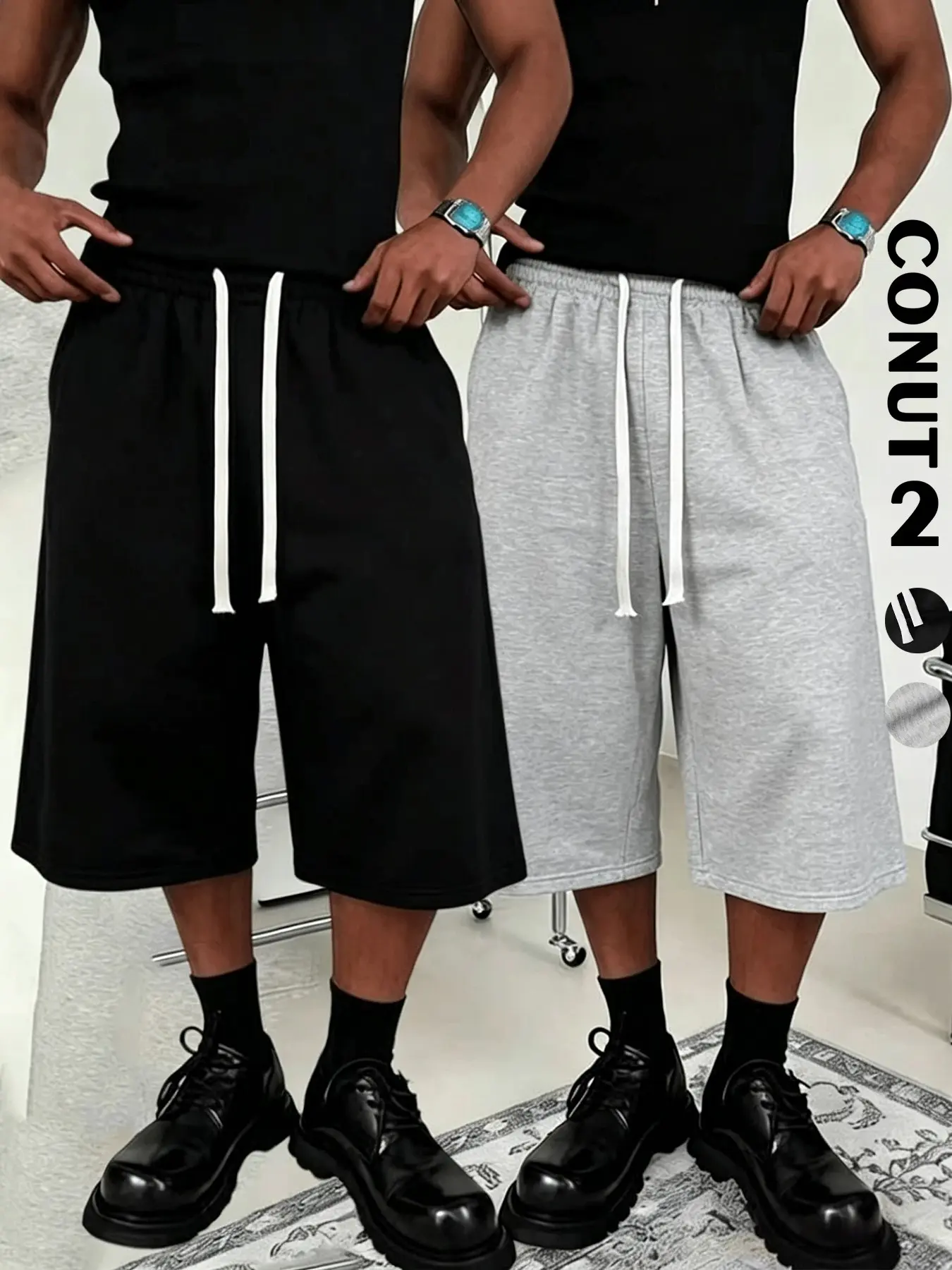2 Pack Men's Contrast Long Drawstring Oversized Wide Leg Capri Sweat Shorts, Drawstrings Shorts, Y2K Hip Hop Urban Streetwear Loose Casual Bottoms, Elastic High Waist Equipped With Extended Contrast White Drawcords, Relaxed Calf-Length Wide Leg Silhouette