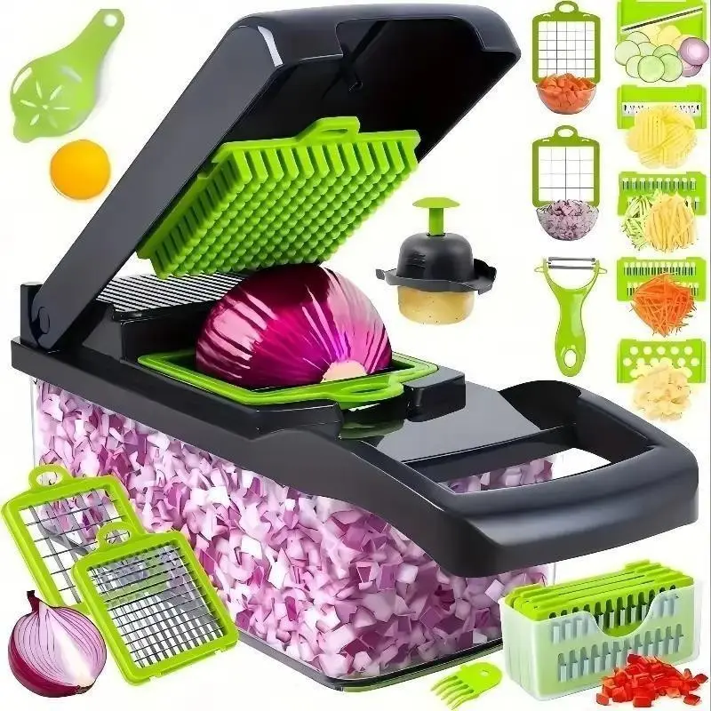 Multifunctional 16-In-1 Food Chopper, Vegetable Slicer, Onion Cutter, Dicer, with 8 Blades, Drain Basket, Salad Container, 04-Qsq