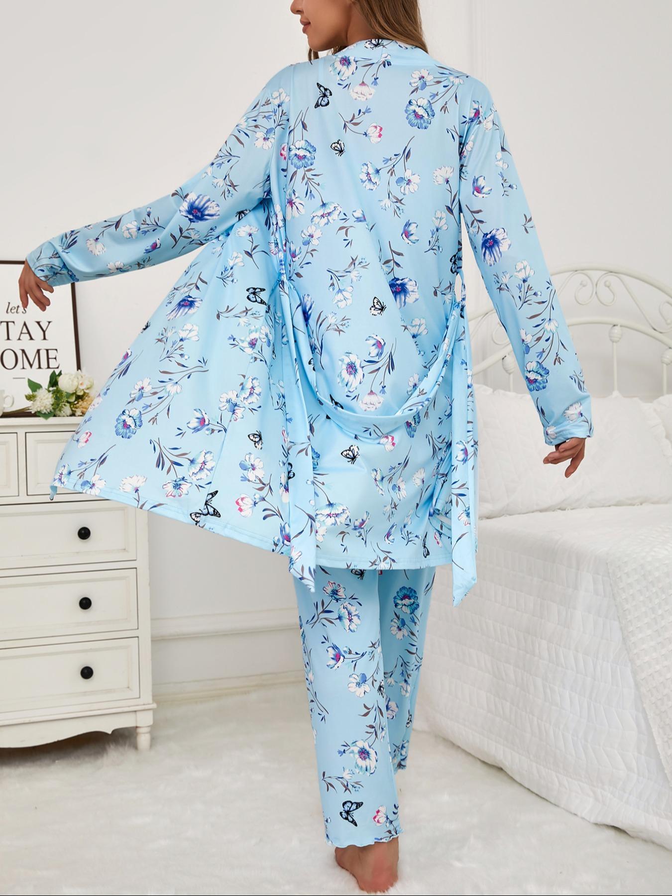 Three-Piece Set Women's Floral Butterfly Print Lettuce Trim Belted Lounge Robe & Cami Top & Pants Pyjama Set, Casual Comfy Three-piece Sleepwear Set for Women, Ladies Sleepwear for All Seasons, Pajama Set