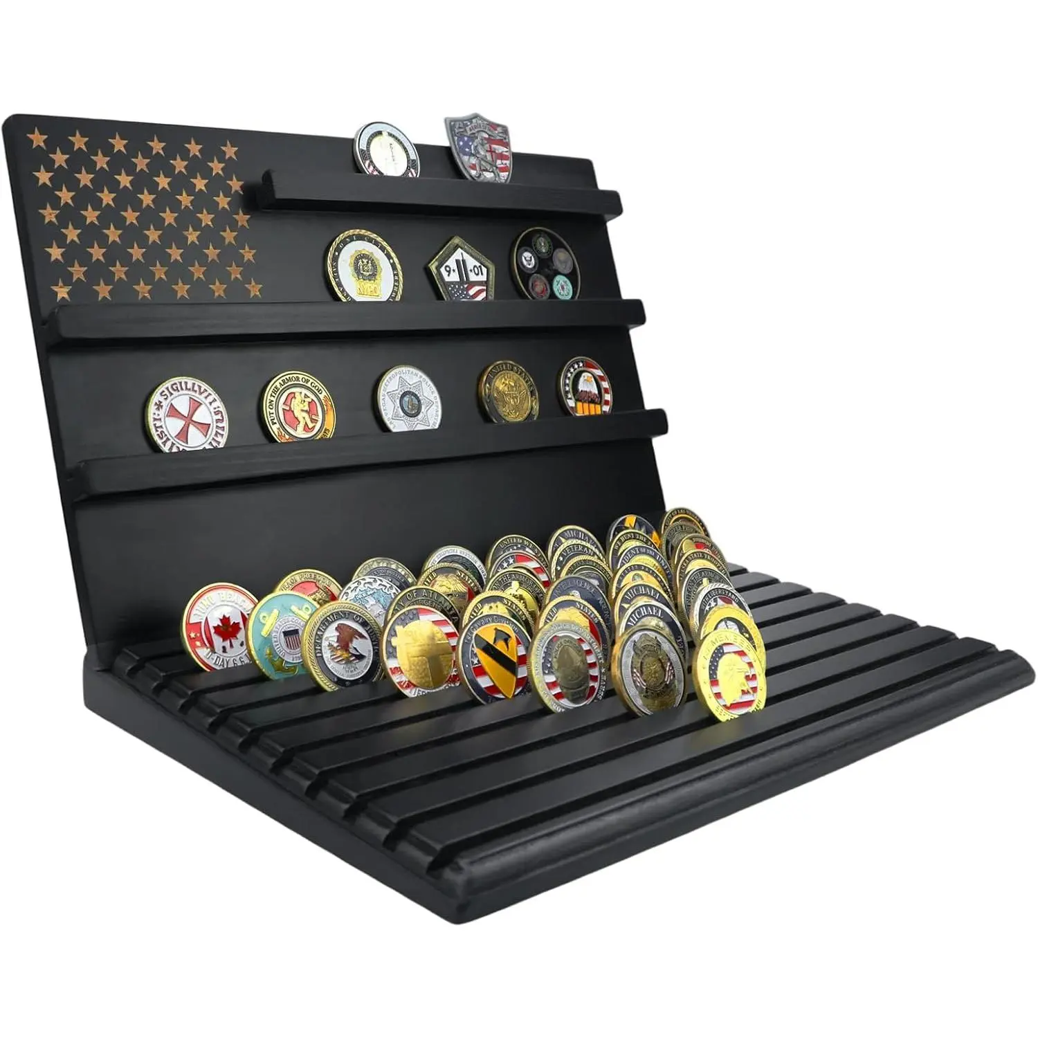 Challenge Coin Display Stand, 13-Row Solid Wood Military Coin Holder with Sloped Base, Holds 80-110 Coins, Coin holders for collectors（black）