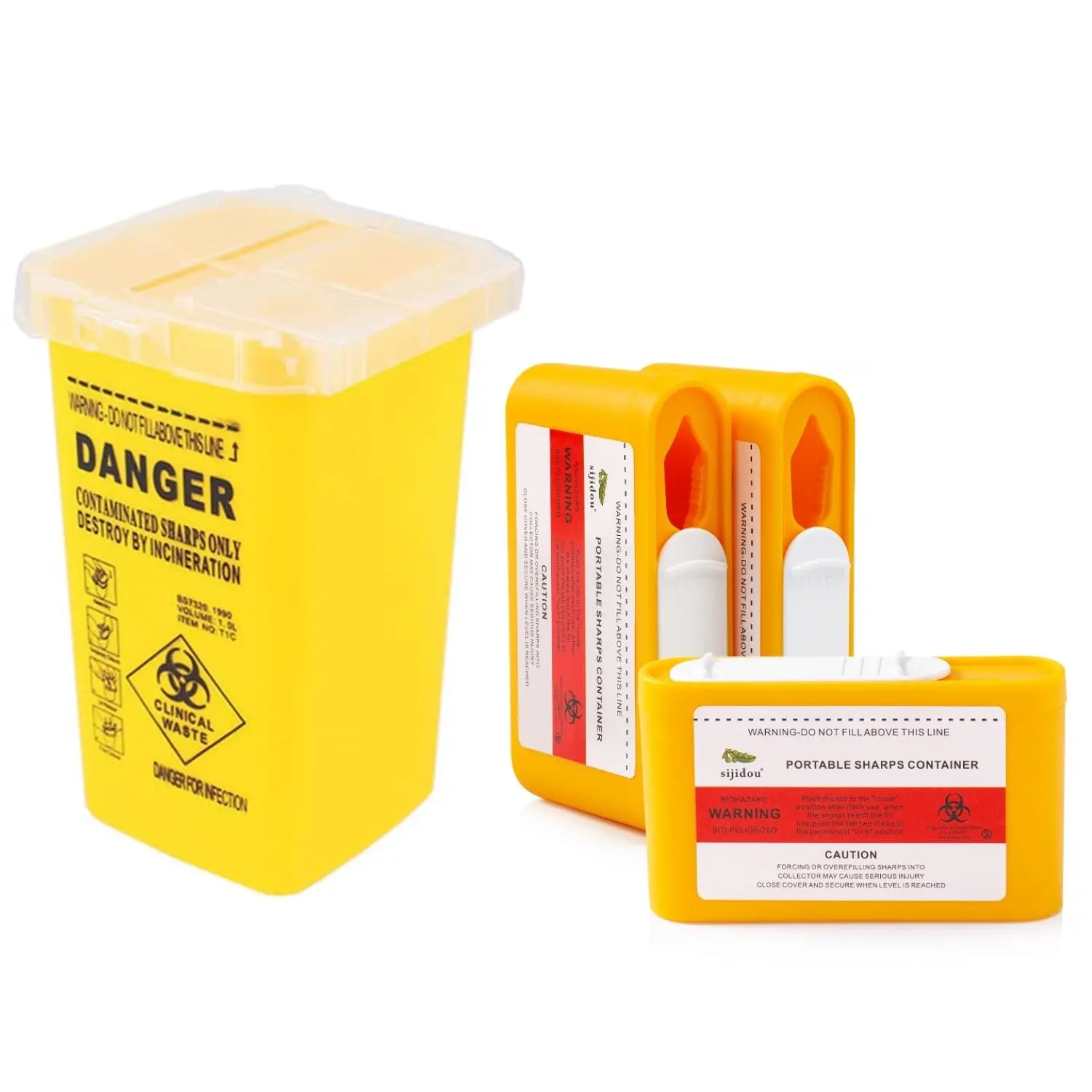 Sharps Containers Kit for Travel and Home Use with Portable Pocket 0.1L Container for Diabets Insulin Pen Needle Disposal, Small 1 Quart Container for Biohazard Needel and Syringe Disposal (Yellow).