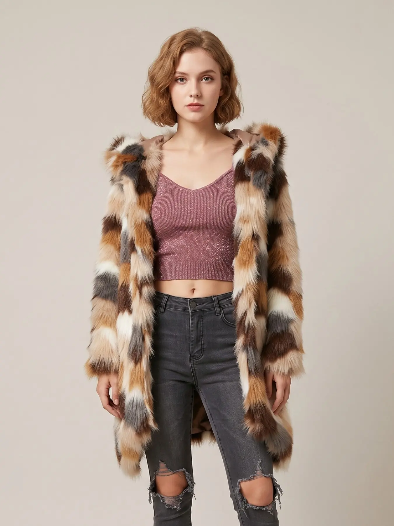 Women's Vintage Caramel Hooded Midi Faux Fur Coat, Long‑Sleeve Plush Fall‑Winter Outerwear, Versatile Jacket for Daily Wear & Party Outfits