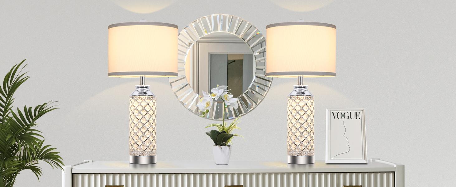 Table Lamps Set of 2 with LED Night Light, Nightstand Lamps with USB A+C Charging Ports, 24 inch Silver Crystal Bedside Lamps for Livingroom, Office, Study Room, Guest Room