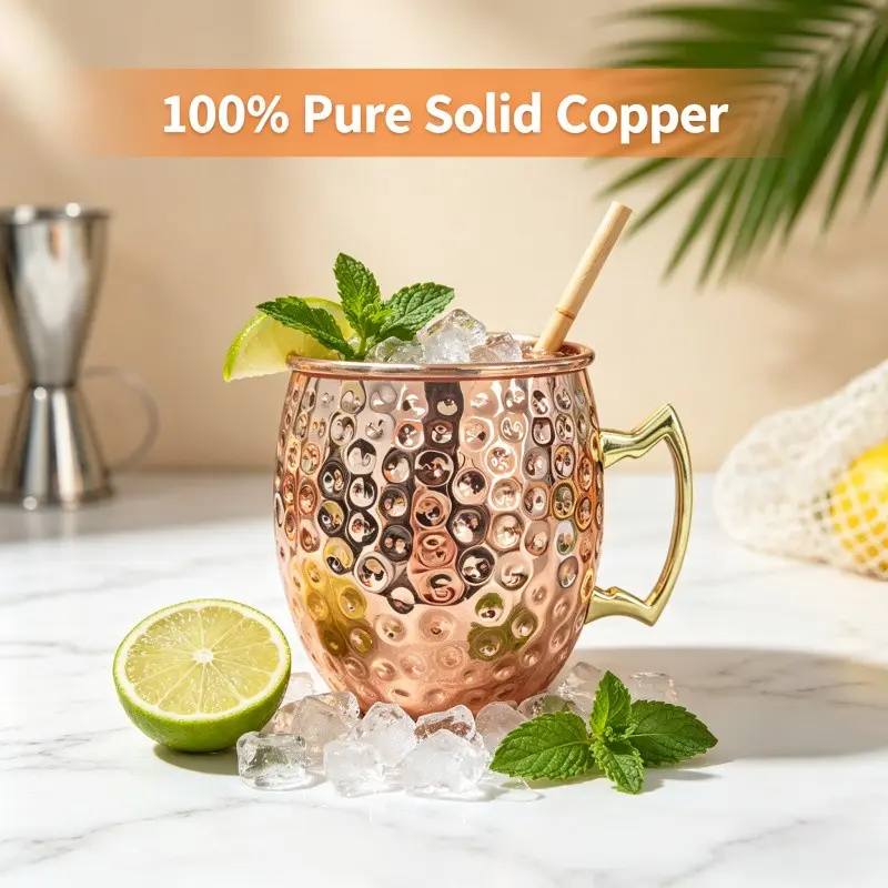 16oz Handmade Solid Copper Moscow Mule Mugs, Barrel Shaped Hammered Texture, Sturdy Brass Handles, Food Grade Copper Drinkware, Reusable, Perfect Gift
