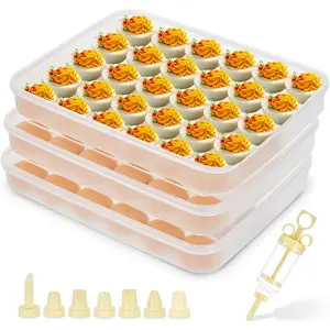 3 Pack Deviled Egg Containers with Lid and 8 Pcs Deviled Egg Injector Piping Tool, Egg Organizer for Refrigerator, Stackable Countertop Portable Egg Platter transparent-3 packs
