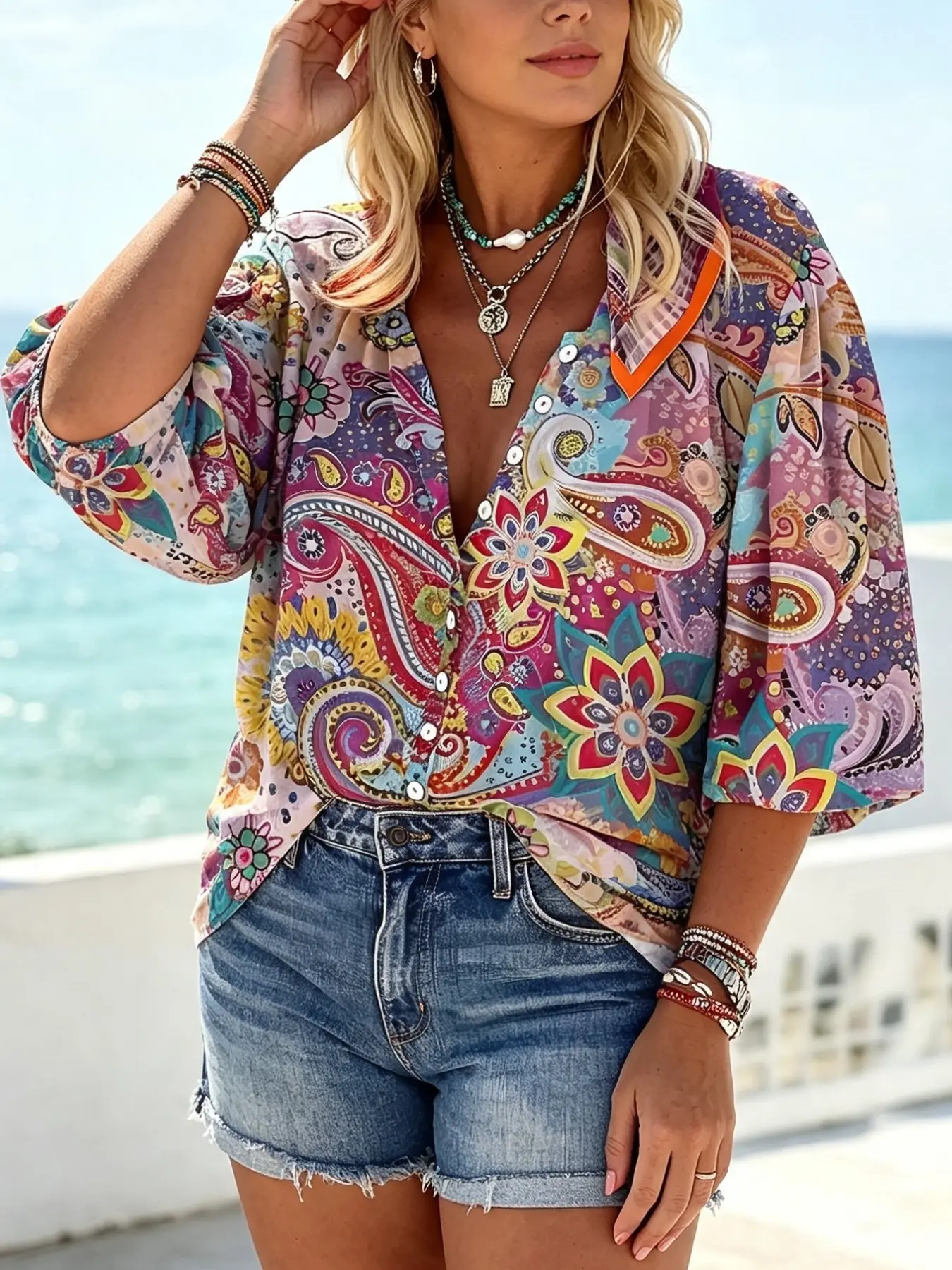 Plus Size Women's Shirt, Paisley Floral Print, Boho Style Collar Half Button Short Bubble Sleeve Loose Top, Daily Beach Vacation Wear