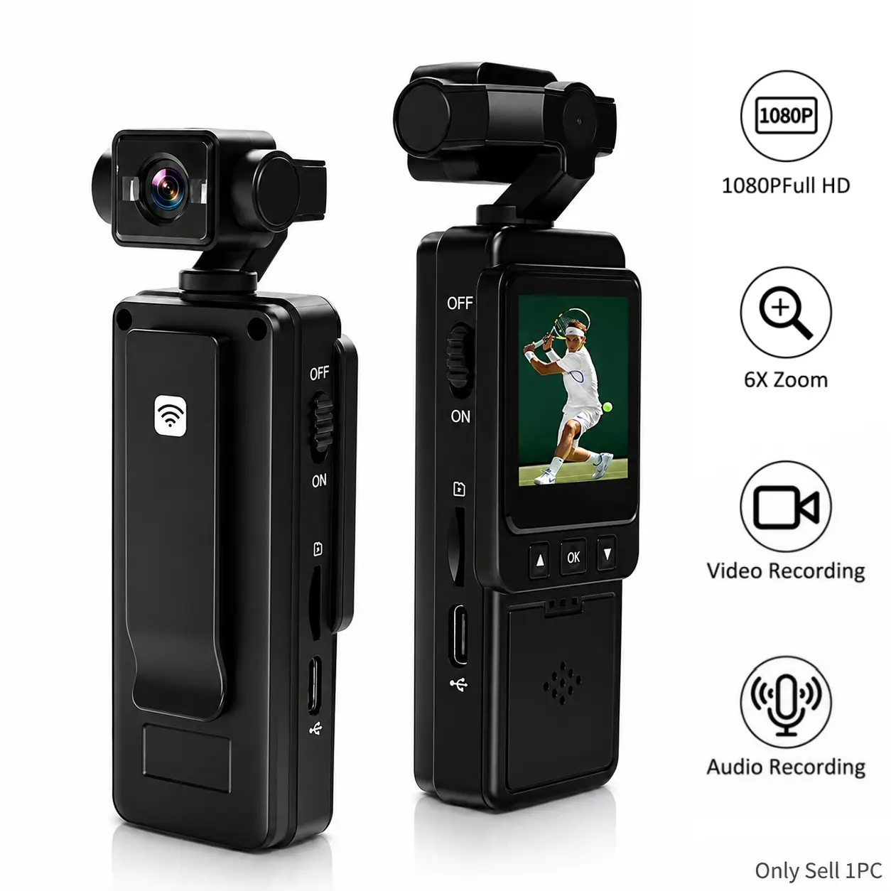 1080P Action Camera with 270°Rotatable Lens, WiFi Pocket Camera, 6X Digital Zoom, Color Night Vision,Portable Wearable Body Cam,POV Camera