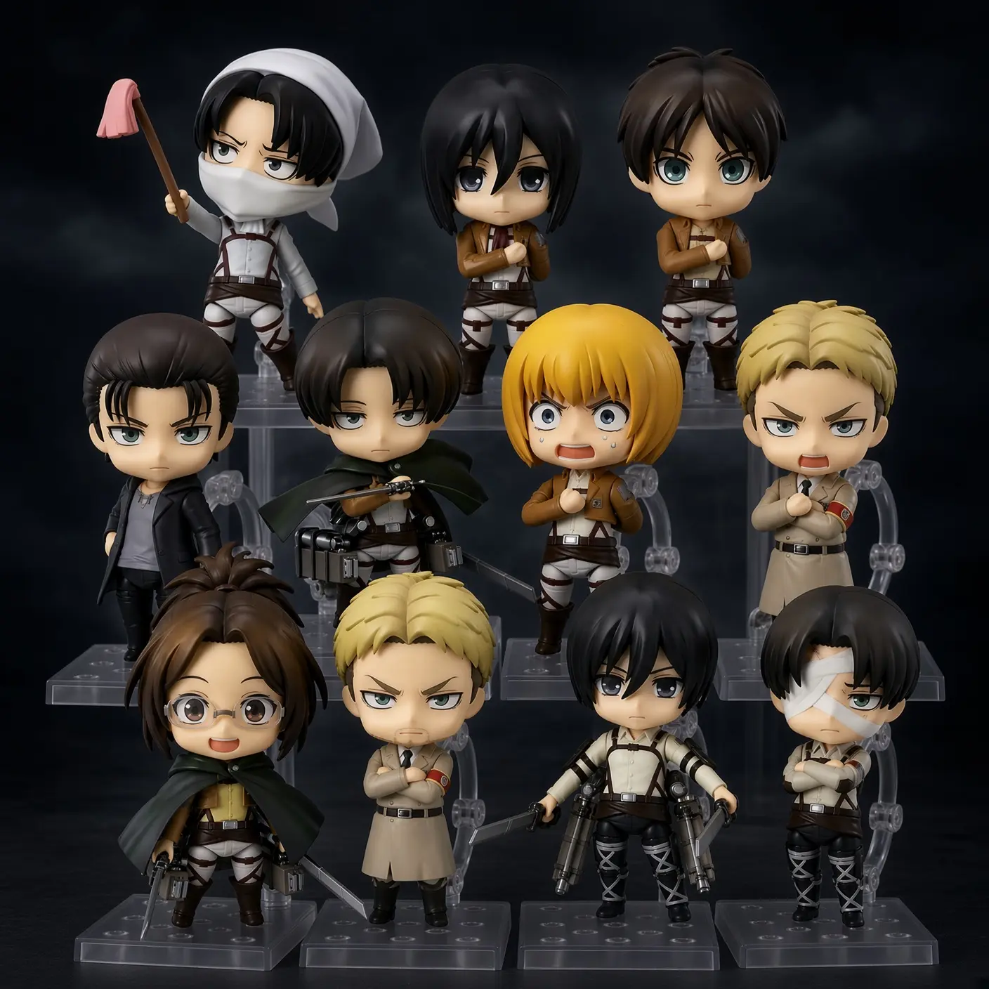Attack on Titan Chibi Figure, Mikasa Eren Levi Armin Erwin Hange Reiner Movable Anime Figurines, Interchangeable Face Plates Boxed Collectible Toy, Desk Display Gift for Manga Anime Fans