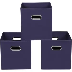 Navy Blue Fabric Storage Bins, Set of 3, 11x11x11, Foldable Cube Bins for Cloth or Accessory Storage