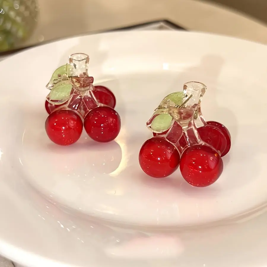 2pcs Elegant Cherry Hair Clips - Red & Green Cherry Design with Stems, Perfect for Daily Wear, Parties, and Special Occasions, Secure Hold, Cherry Themed Items, Party Hairpiece | Playful Design | Durable Hair Clip