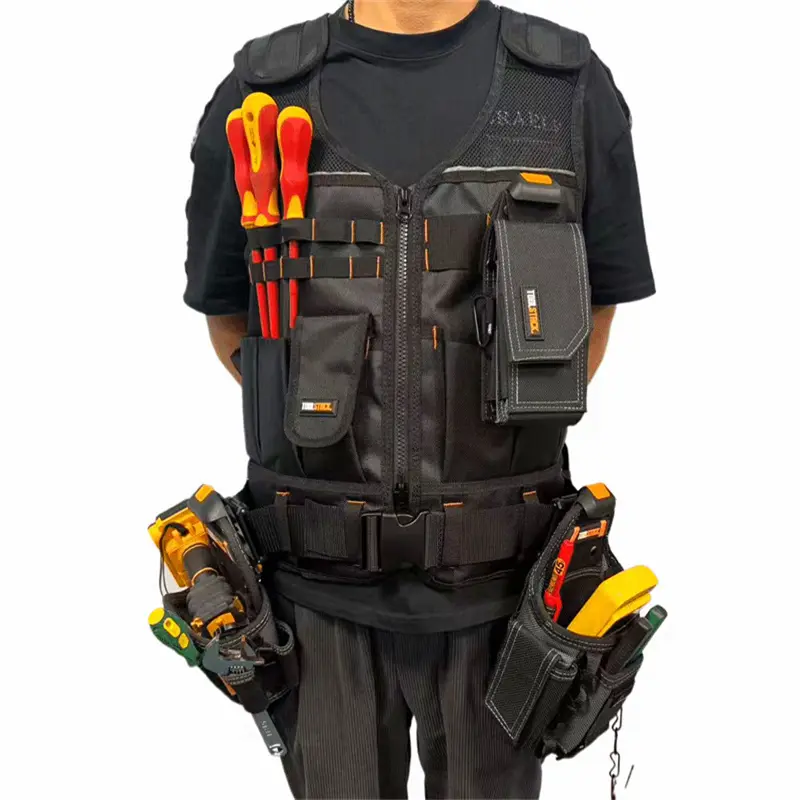 TOOLSTACK Heavy-Duty Sleeveless Woven Fabric Tool Vest, Multi-Pocket, Durable, Adjustable Work Waistcoat with Ample Storage, Chemical-Free, Hands-Free Tool Access for Electricians
