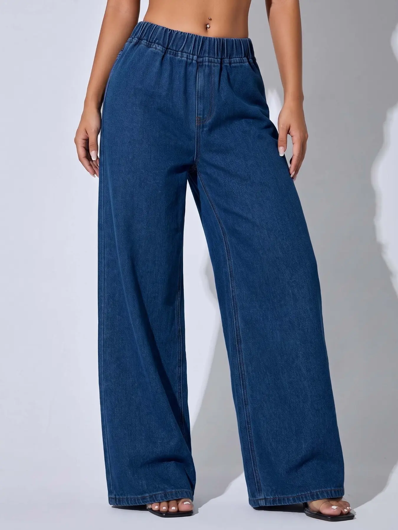 Women's Deep Blue Woven Lightweight Denim Jeans, Loose High Waist Wide Leg Casual Style, Comfortable Daily Wear, All Seasons Pants