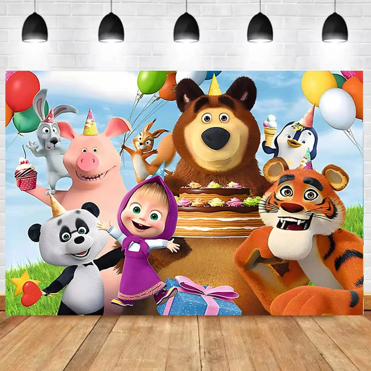 Martha and Bear Anime Birthday Backdrop Party Background Cloth, Cute Cartoon Tapestry Wall Hanging Photography Background Premium Polyester Fabric, Kids Party Decor, Birthday Celebration Setup, Photo Studio Prop, Event Background Decoration
