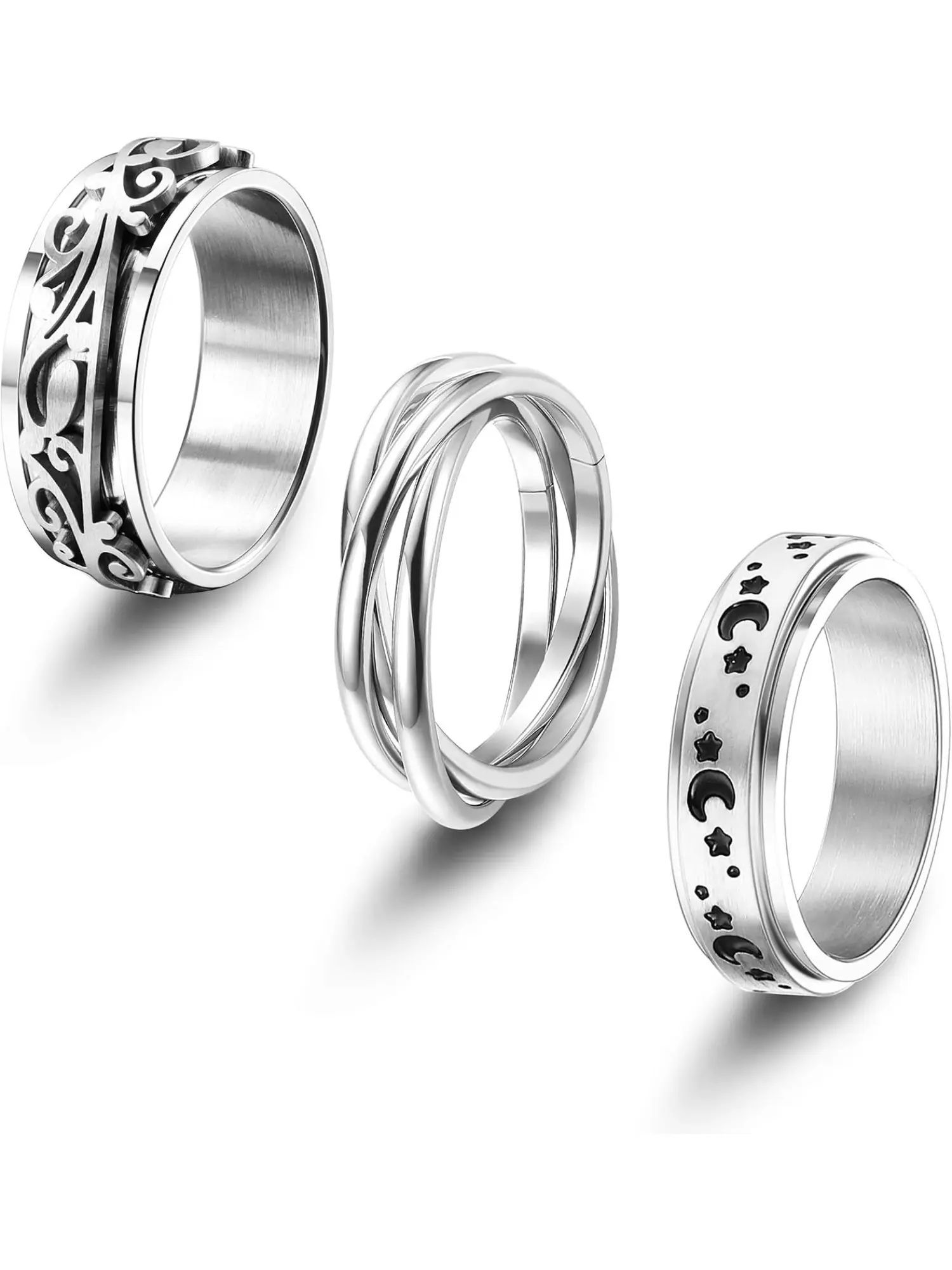 3Pcs Stainless Steel Spinner Rings for Women Men Triple Interlocking Fidget Band Rings Moon Star Celtic Anxiety Stress Relief Rolling Ring Set