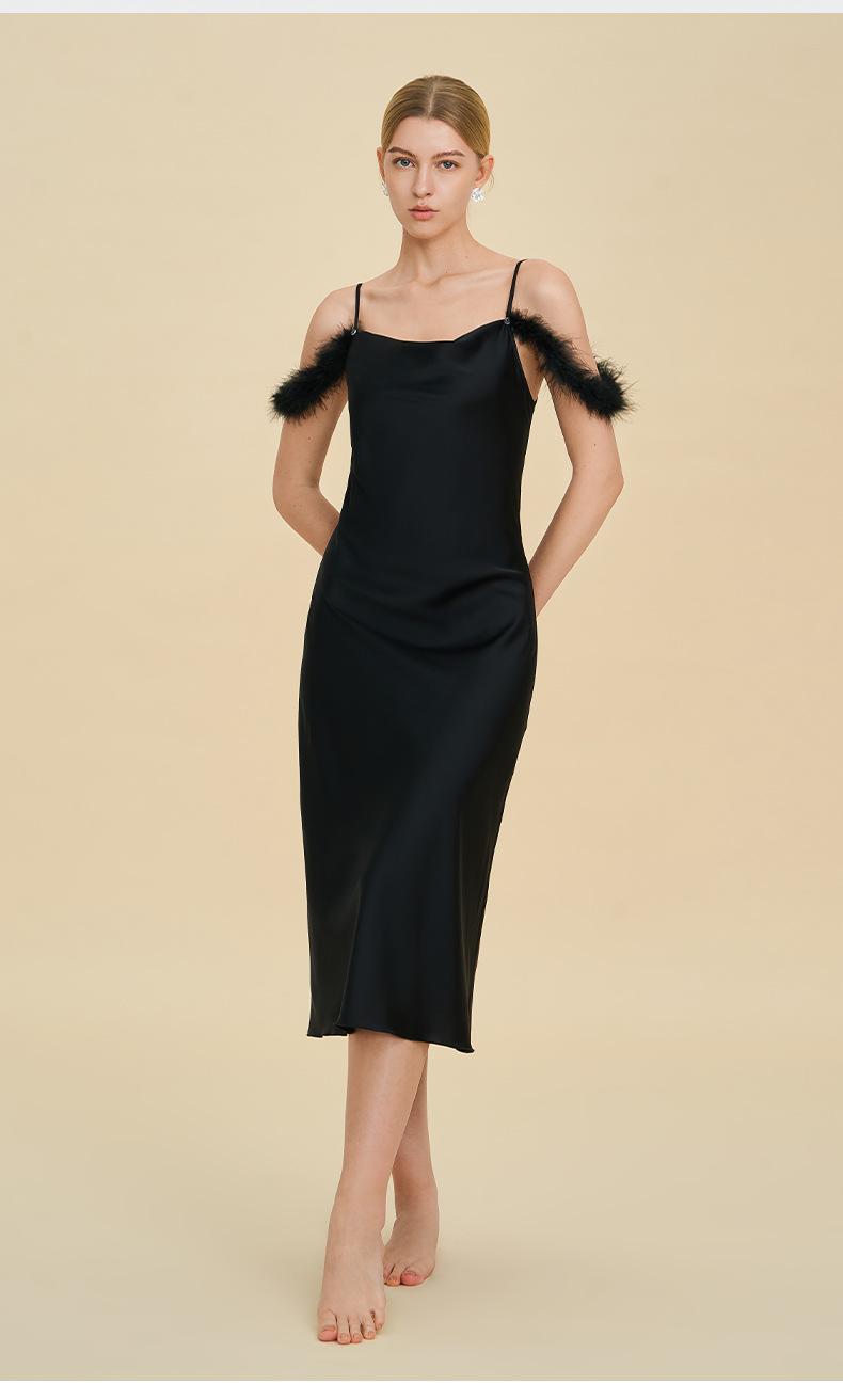 Sexy nightgown with straps, Russian cross-border one-shoulder dress, faux acetate nightgown, light luxury bridesmaid gift, strap dress, sexy off-shoulder feather-trimmed satin long dress, spicy girl style slim-fit bodycon dress