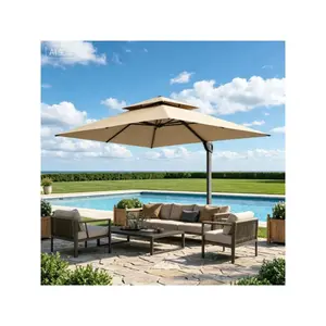 [Summer Atmosphere] [2-Pack] 9*12 feet cantilever patio umbrella with weighted base, 360-degree rotation° Rotating heavy-duty hydraulic double umbrella, wind-resistant design, suitable for outdoor use