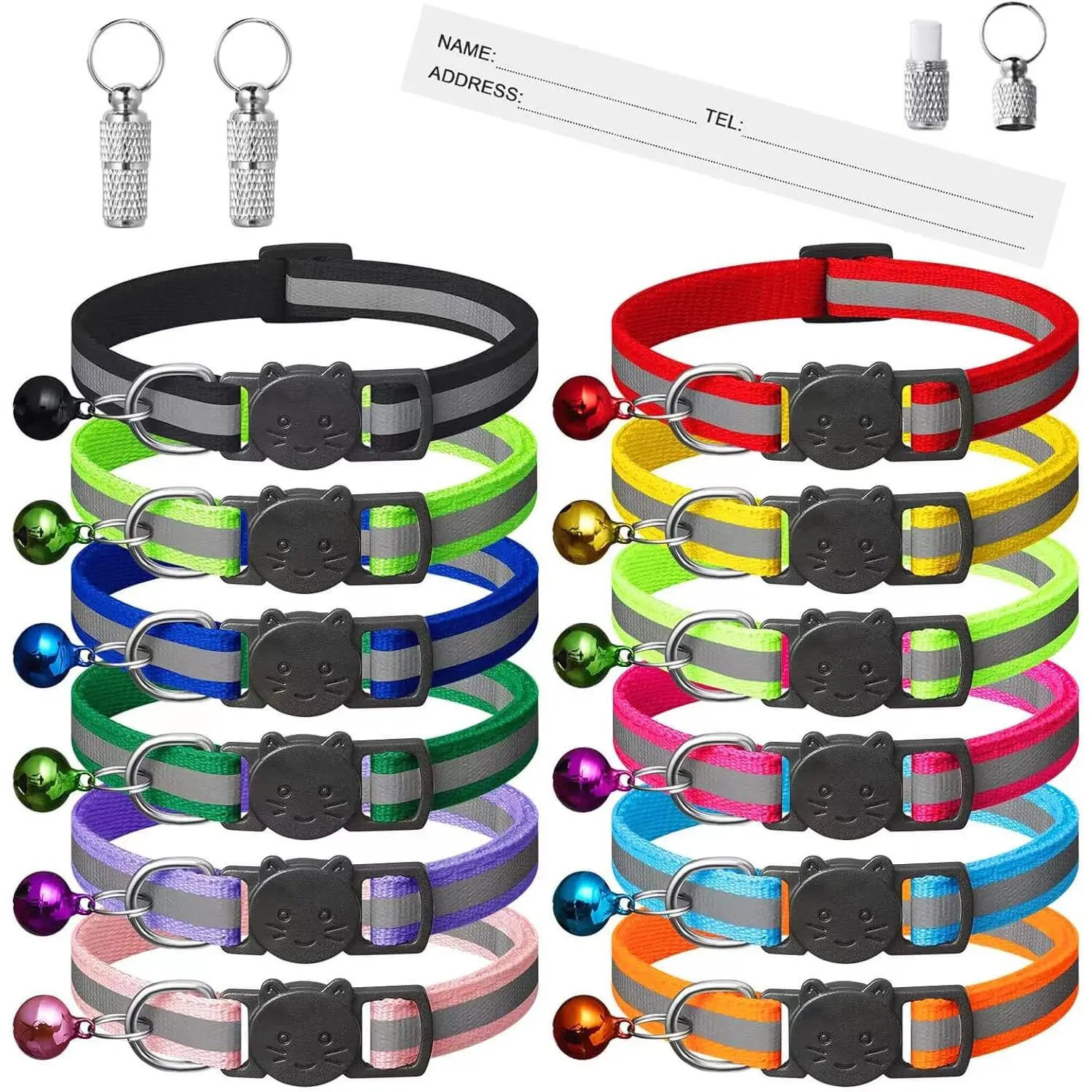 14 count Reflective-Breakaway Cat Collars with Bells,Safety Buckle Kitten Collar,with Name Tag,Adjustable,Ideal for Girl Cats Male Cats,Pet Supplies,Stuff,Accessories(12 Colors & 2 ID Tags).
