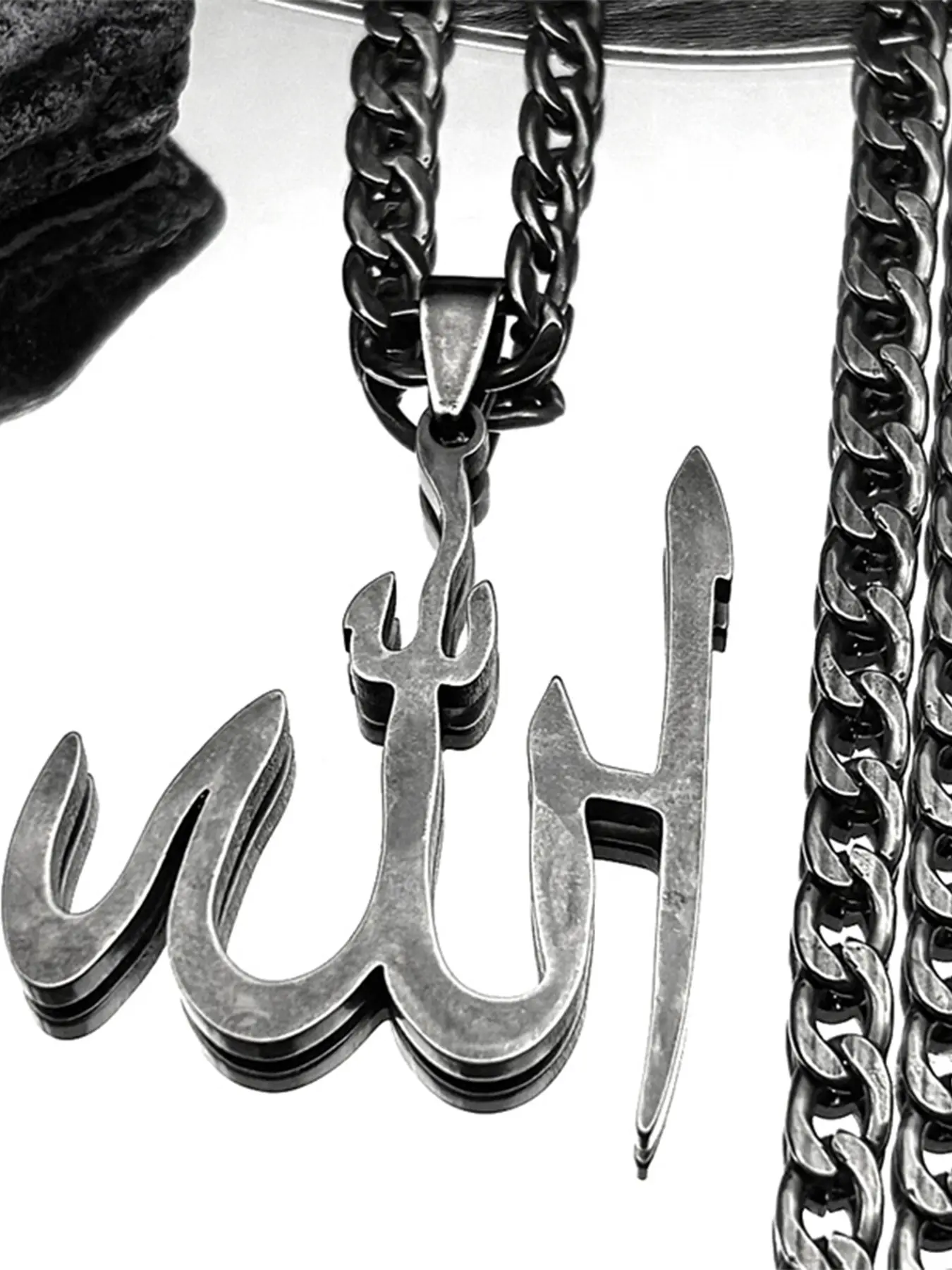 Arabic Allah God Pendant Faith Necklace for Men Women Stainless Steel Gun Black Islamic Muslim Amulet Hip Hop Necklaces Birthday Gift Jewelry